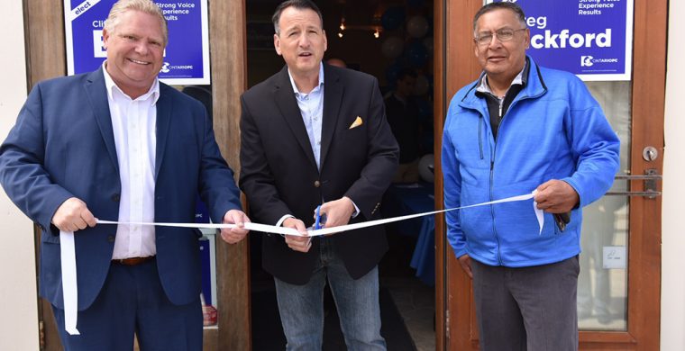 PC Party leader Doug Ford, candidate Greg Rickford and Chief Clifford Bull PC candidate in the newly established riding of Kiiwetinoong, a largely Indigenous ridding, at Greg Rickford’s campaign office opening in Kenora. last week. (Supplied Photo)