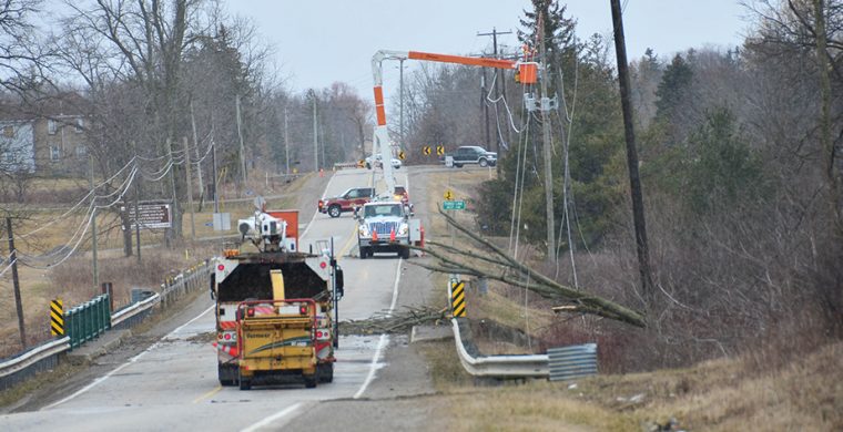 A wind storm knocked out power to most of Six Nations last Wednesday when a tree flew across a hydro line on Chiefswood Road near Third Line at Six Nations. Power was out for most of the day. The storm kept public works and fire departments running to a variety of scenes of lines down and trees across roads. (Photo by Jim C Powless)