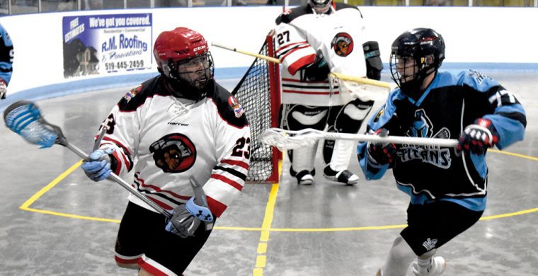 Six Nations Rivermen player Holden Vyse gets ready to make that pass during what was a Friday night win at the G.P.A. against the Oakville Titans. (Photo by Neil Becker)