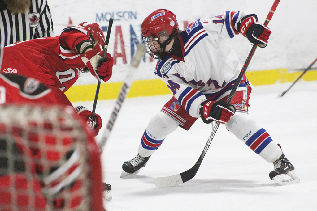 Moving her way up on the team, Alissa General now takes the face-offs for the KW Rangers. (Photo By Josh Giles)