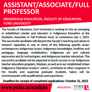 York University Jobs - Assistant/Associate/Full Professor Indigenous Education
