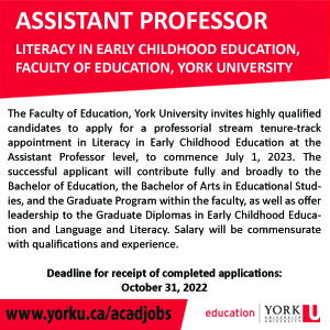 York University Jobs - Assistant Professor Literacy in Early Childhood Education