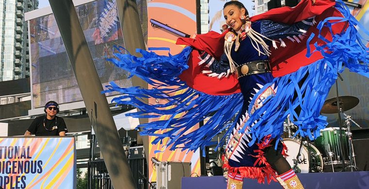 Indigenous performers lit up the day and the night celebrating National Indigenous Peoples’ Day. Performers filled the stage in Mississauga. (Photo by Lisa Iesse)