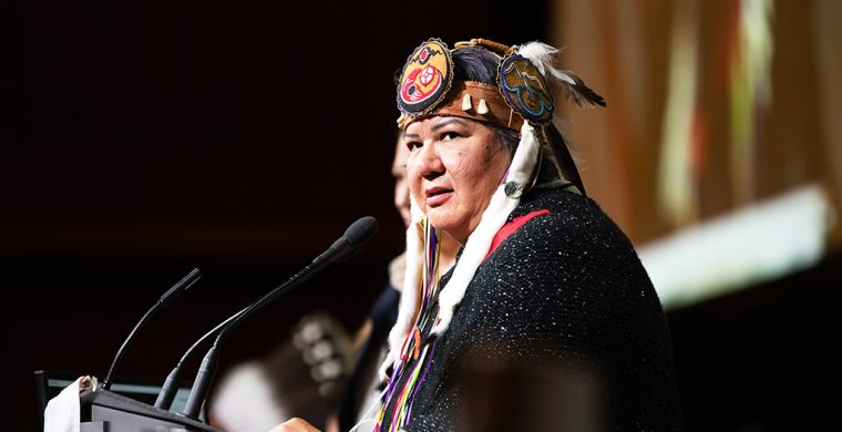 Assembly of First Nations National Chief RoseAnne Archibald speaks during the AFN annual general meeting, in Vancouver, on Tuesday, July 5, 2022. The AFN's executive committee and board of directors suspended Archibald last month pending the outcome of investigations into four complaints against her. THE CANADIAN PRESS/Darryl Dyck