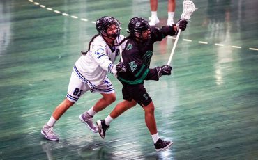 Six Nations’ Bo BowHunter, in dark jersey, is playing with the Burnaby Lakers of the Western Lacrosse Association this season