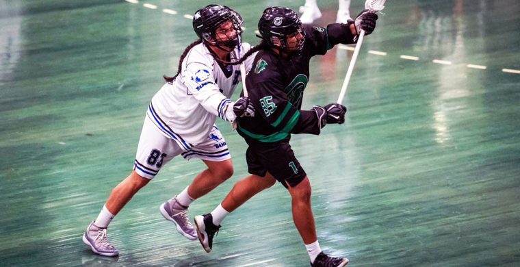 Six Nations’ Bo BowHunter, in dark jersey, is playing with the Burnaby Lakers of the Western Lacrosse Association this season