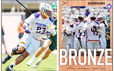 At left is Haudenosaunee star forward Austin Staats with a photo of the team after winning the bronze medal match at the world men’s field lacrosse championships.