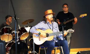 Anishinaabe artist Keith Secola who performed for a crowd of about 100 people at the community centre
