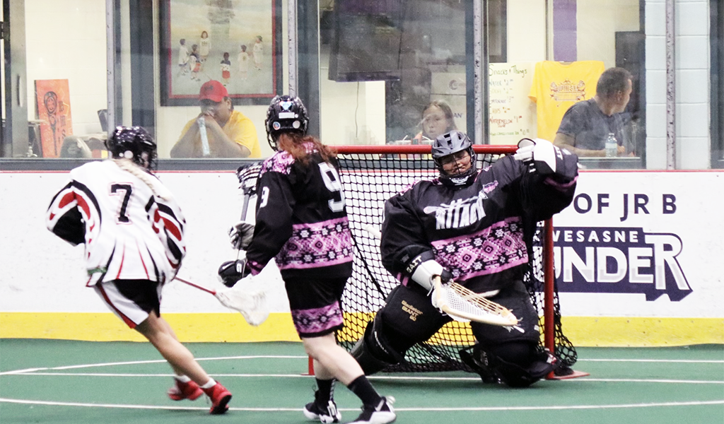 Goal tender Chelsea Gibson is one of 14 Six Nations members named to the Haudenosaunee Nationals women’s box lacrosse team that will compete at LAXNAI in Utica.(Photo by LaxMomLife Imagery)