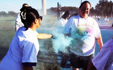 Six Nations hit the Blue Track at Six Nations Parks and Recreation participating in the Health Departments’ annual Moment For Life Colour in recogniton of World Suicide Awareness Day Run that sent everyone away looking like a rainbow of colours. (Photo by Jim C. Powless)