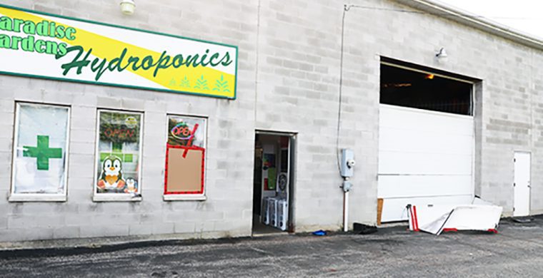 Thieves hit Paradise Gardens Hydroponics on Chiefswood Road early Monday (Sept., 18) smashing a warehouse doorway and entrance door before making off with an ATM. (Photo by Jim C. Powless)
