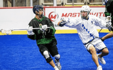 Travis Longboat, on left, is hoping to become a regular with the National Lacrosse League’s Albany FireWolves this coming season. Photo by Shutterlax.com