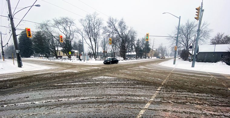 Six Nations schools were cancelled, the post office is open, several businesses had people working from home as a winter storm hit the area Monday dumping 15 centimetres on the streets followed by rain overnight for a slushy day today. (Photo by Jim C. Powless)