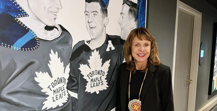 Claire Sault, the Chief of the Mississaugas of the Credit First Nation, delivered a welcoming prior to the Toronto Maple Leafs' Indigenous Celebration Game this past Saturday. (Photo by Sam Laskaris)