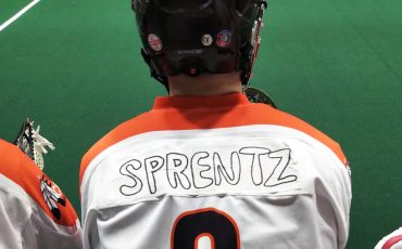 Some creative handiwork was required to get Dylan Sprentz' name on a Six Nations Snipers' jersey on Sunday after he was dressed as a runner instead of his usual goalie position.