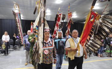 Chiefs of Ontario are meeting at Six Nations this week. On the agenda... the election of an new Ontario Regional Chief. The meeting opened with a parade of chiefs, elders and veterans led by Ontario Regional Chief Glenn Hare (left) who was facing five other contenders as of press time. (Photo by Jim C. Powless)