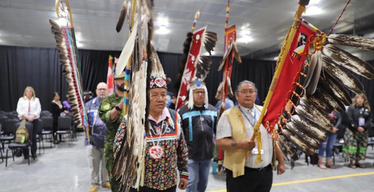 Chiefs of Ontario are meeting at Six Nations this week. On the agenda... the election of an new Ontario Regional Chief. The meeting opened with a parade of chiefs, elders and veterans led by Ontario Regional Chief Glenn Hare (left) who was facing five other contenders as of press time. (Photo by Jim C. Powless)