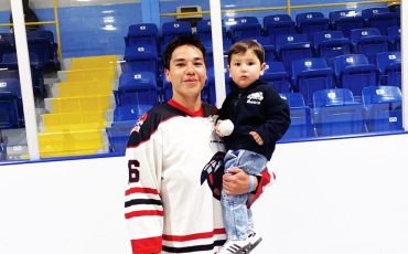 Ross Hill Jr. was able to see his father Ross Hill lead the Six Nations Rivermen to victory on Saturday with a six-point performance against the Owen Sound North Stars. Photo by Lawrence Hill.