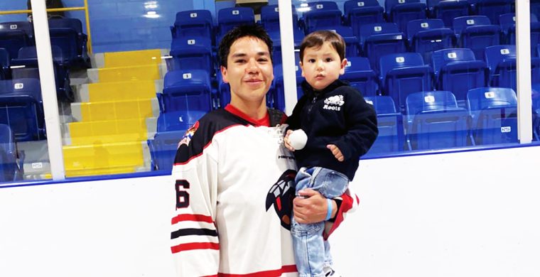 Ross Hill Jr. was able to see his father Ross Hill lead the Six Nations Rivermen to victory on Saturday with a six-point performance against the Owen Sound North Stars. Photo by Lawrence Hill.