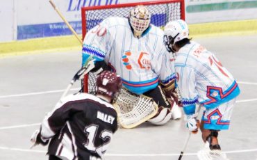 Six Nations Chiefs’ goaltender Doug Jamieson backstopped his club to victory against the host Cobourg Kodiaks on Sunday night. Photo by Eric Graham.