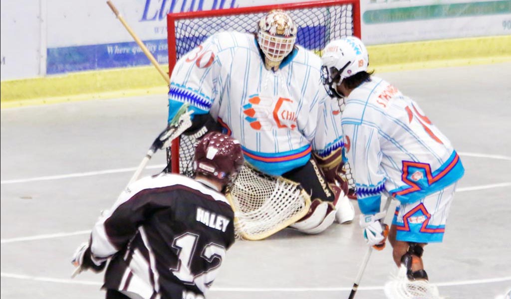 Six Nations Chiefs’ goaltender Doug Jamieson backstopped his club to victory against the host Cobourg Kodiaks on Sunday night. Photo by Eric Graham.