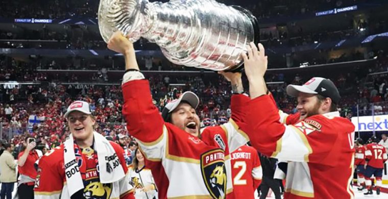 Brandon Montour, seen hoisting the Stanley Cup after the Florida Panthers won the NHL championship last month, will be bringing the famous trophy to Six Nations on July 24.