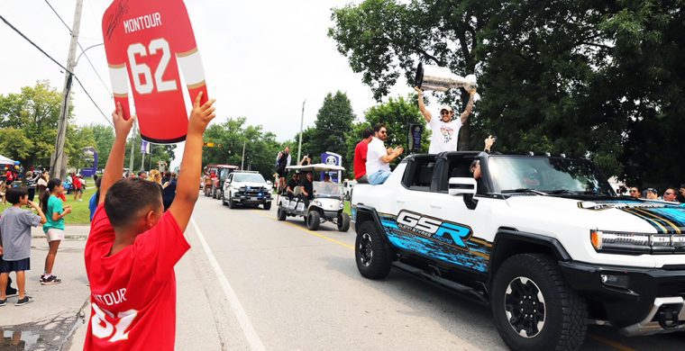 Six Nations’ Brandon Montour is welcomed home after the Florida Panthers took the Stanley Cup (Photo by Jim C. Powless)