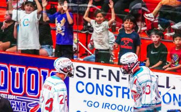 Justin Martin (left) and Randy Staats get ready to hug it out after a Chiefs’ goal on Monday night. Photo by Darryl Smart.