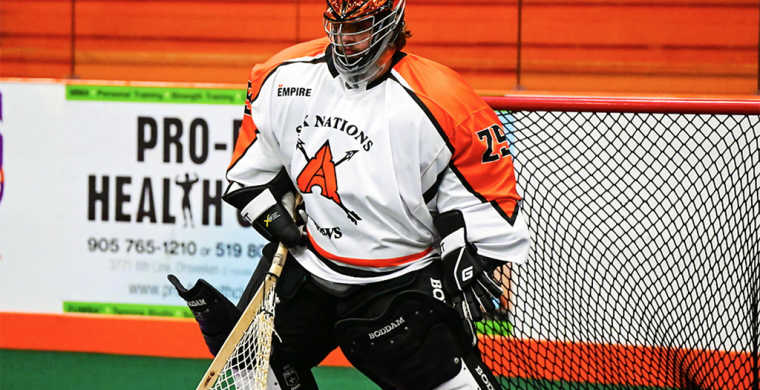 Six Nations Arrows’ goaltender Ethan Robertson was drafted by the National Lacrosse League’s Colorado Mammoth on Sunday. Photo courtesy OJLL.