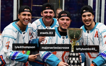 The Six Nations Chiefs’ captain, from left, Lyle Thompson, Randy Staats, Cody Jamieson and Brendan Bomberry, are among the 12 team players that will represent the Haudenosaunee Nationals at the world championships. (Photo by Andrew Vanevery)