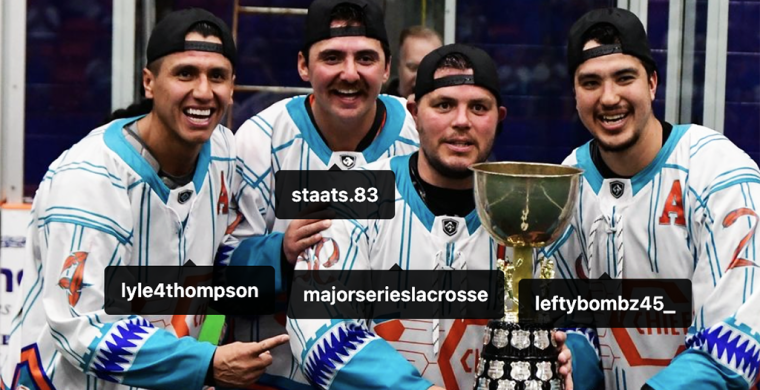 The Six Nations Chiefs’ captain, from left, Lyle Thompson, Randy Staats, Cody Jamieson and Brendan Bomberry, are among the 12 team players that will represent the Haudenosaunee Nationals at the world championships. (Photo by Andrew Vanevery)