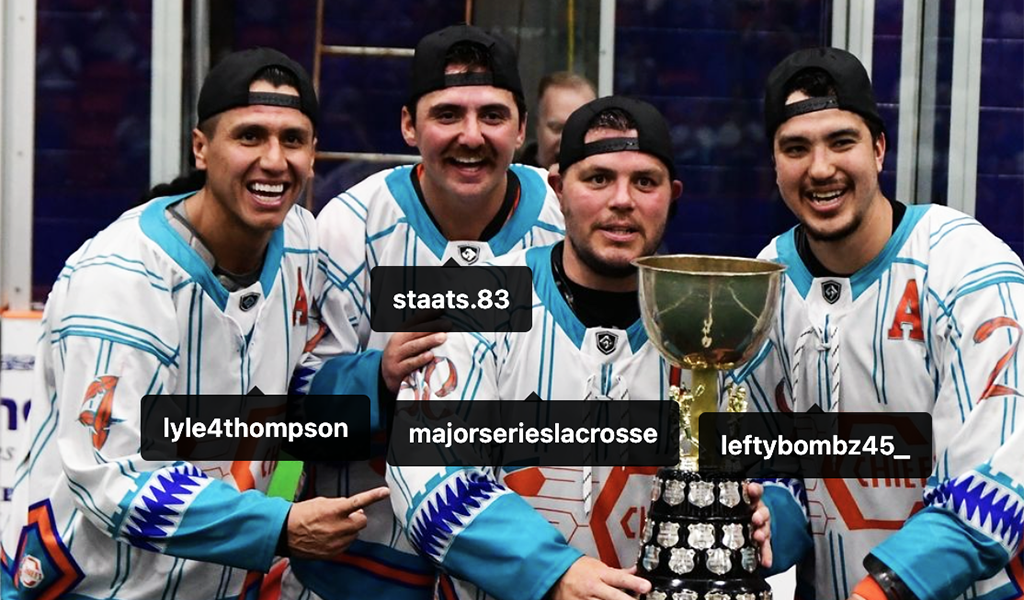 The Six Nations Chiefs’ captain, from left, Lyle Thompson, Randy Staats, Cody Jamieson and Brendan Bomberry, are among the 12 team players that will represent the Haudenosaunee Nationals at the world championships. (Photo by Andrew Vanevery)