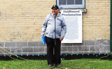 Mohawk Royanni Allen MacNaughton spoke to the group gathered at the HCCC council building. (Photo by Austin Evans)