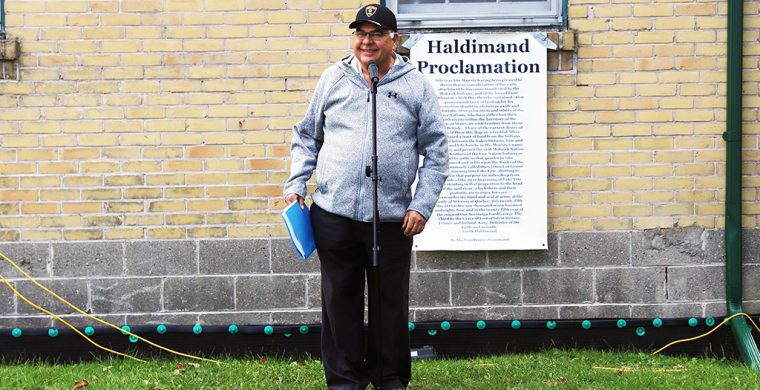 Mohawk Royanni Allen MacNaughton spoke to the group gathered at the HCCC council building. (Photo by Austin Evans)