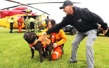 A RCAF Search and Rescue Squad­ron member (left) along with a Pegasus Rescue actor gets a RCAF search dog ready to partici­pate in training.