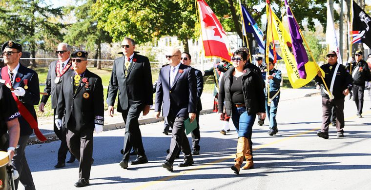 Politicians, Six Nations Elected Chief Sherri-Lyn Hill and delegates paraded through Ohsweken Sunday Oct. 20th marking the Six Nations Veterans annual Remembrance Day ceremonies. (Photo by Jim C. Powless)