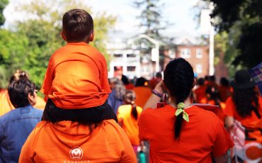 A crowd of hundreds marched from Brantford’s Civic Centre down Mohawk Street all the way to the former Mohawk Institute Residential School marking Orange Shirt Day Monday and the children that went there. (Photo by Jim C. Powless)