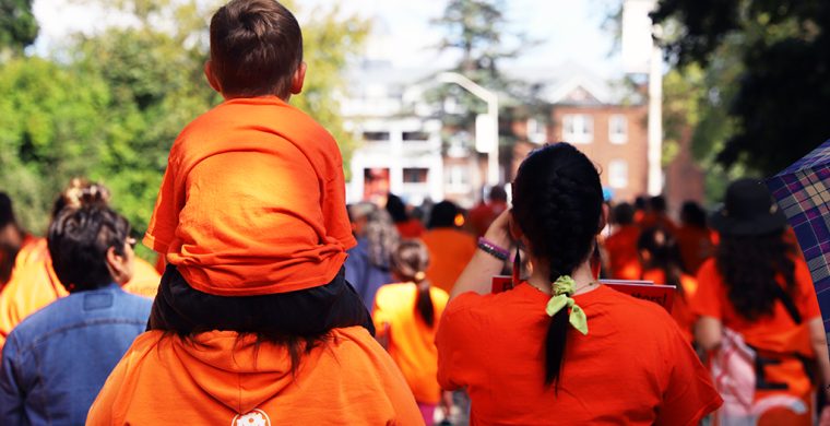 A crowd of hundreds marched from Brantford’s Civic Centre down Mohawk Street all the way to the former Mohawk Institute Residential School marking Orange Shirt Day Monday and the children that went there. (Photo by Jim C. Powless)