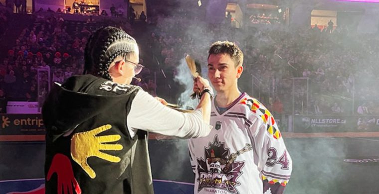 Six Nations member Justin Martin, who plays for the Toronto Rock, took part in a pre-game smudge ceremony prior to the club’s 2024 Indigenous Heritage Night. Photo by Sam Laskaris.