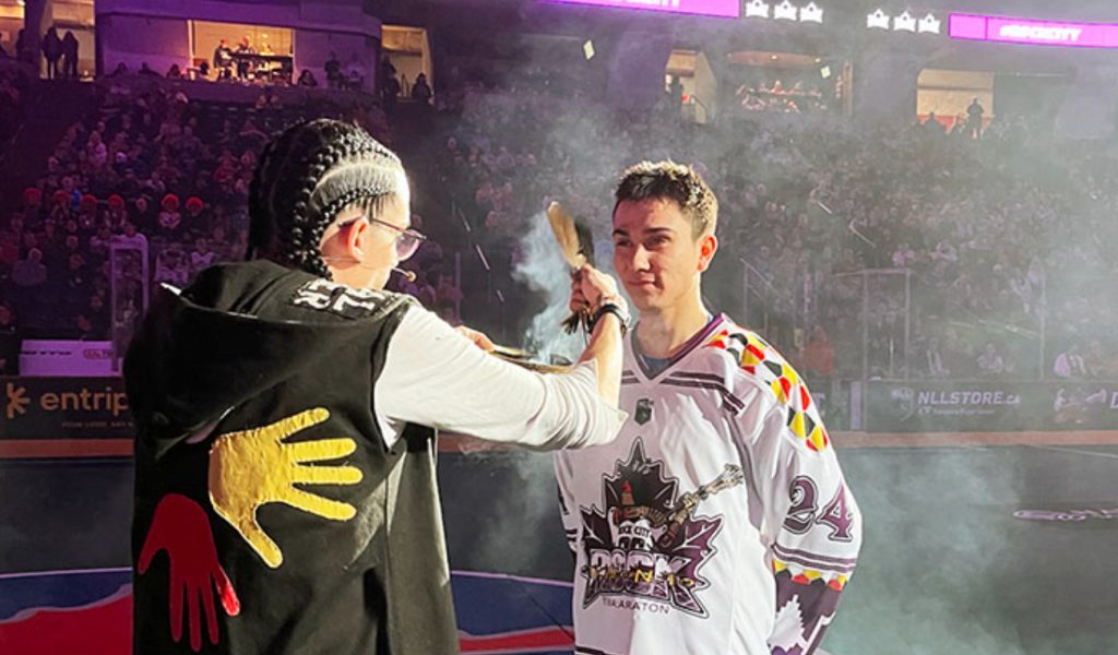 Six Nations member Justin Martin, who plays for the Toronto Rock, took part in a pre-game smudge ceremony prior to the club’s 2024 Indigenous Heritage Night. Photo by Sam Laskaris.