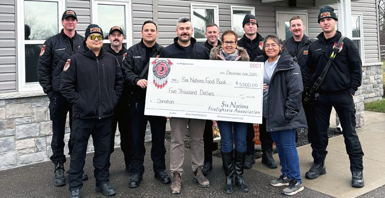 Six Nations giving spirit was in full force over the holidays including from the Six Nations Fire Fighters Association who donated $6,000 to the Six Nations Food Bank. The donation came from their first annual golf tournament held in 2024. The fire fighters included Alex Howling, Chancy Johnson, Ben Purchase, Charles Gamble, Martin MacNaughton, Kevin McDonald, Rory Smith, Braiden Shaw, Kolton Debus. Six Nations Food Bank board chair Mary Monture and coordinator Tracey Martin.