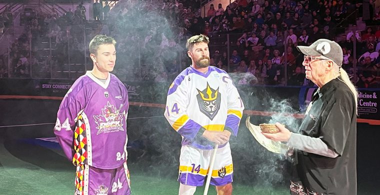 Six Nations member Justin Martin and his Toronto Rock teammates took part in their annual Indigenous Heritage Night on Saturday. Martin also took part in a pre-game smudging ceremony. (Photos by Sam Laskaris.)