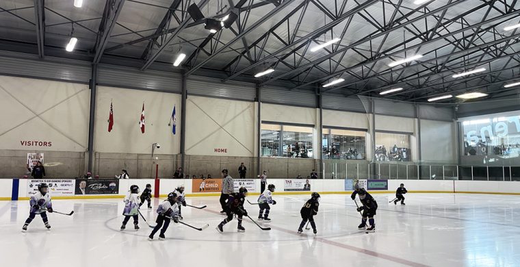 The Grand River Spirit girls’ Under-9 team (in dark jerseys) was one of eight Six Nations clubs that advanced to their Little NHL championship finals. (Photo by Sam Laskaris).