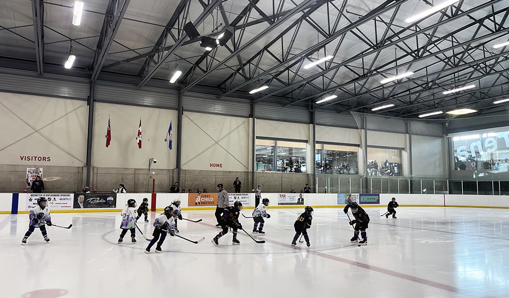 The Grand River Spirit girls’ Under-9 team (in dark jerseys) was one of eight Six Nations clubs that advanced to their Little NHL championship finals. (Photo by Sam Laskaris).