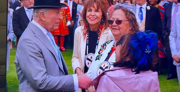 Mississauga Credit First Nation Chief Claire Sault, Coun. Veronica King-Jamieson, an Coun. Erma Ferrell MCFN members attended the 2025 Royal Garden party and met with King Charles III. (Supplied Photo)