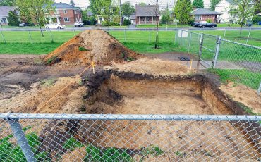 An archeological dig is seen in Simard Park in Sorel-Tracy, Que., Saturday, May 17, 2025. (Canadian Press Photo)