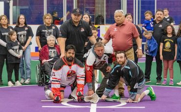 A ceremonial faceoff honouring the life of team secretary/treasurer Cheryl Bomberry-Hill was held prior to the Six Nations Rivermen home opener on Saturday. Photo courtesy Six Nations Rivermen.