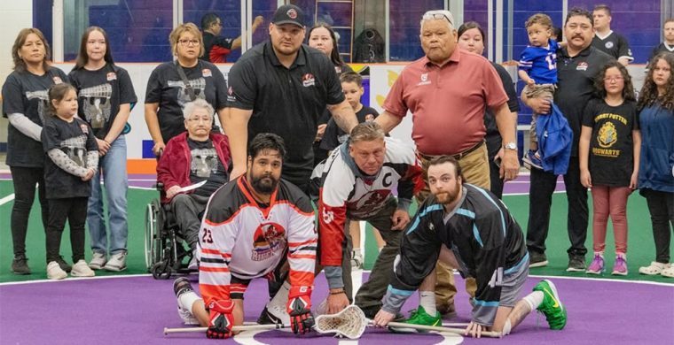 A ceremonial faceoff honouring the life of team secretary/treasurer Cheryl Bomberry-Hill was held prior to the Six Nations Rivermen home opener on Saturday. Photo courtesy Six Nations Rivermen.