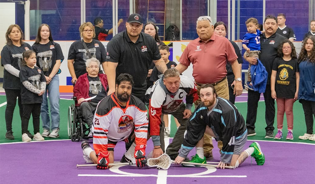 A ceremonial faceoff honouring the life of team secretary/treasurer Cheryl Bomberry-Hill was held prior to the Six Nations Rivermen home opener on Saturday. Photo courtesy Six Nations Rivermen.