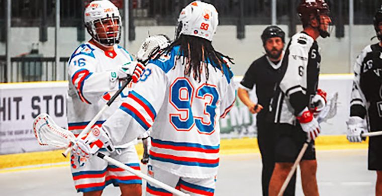 Latrell Harris (#93) and Ty Logan (#16) celebrate a Six Nations Chiefs’ goal on Sunday in Cobourg. Photo courtesy Six Nations Chiefs.
